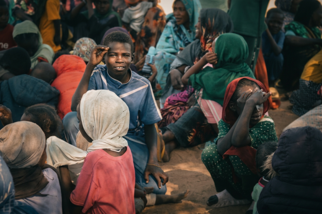 A young boy among displaced families in Sudan looks directly at the camera during a humanitarian response, illustrating the impact of conflict and the urgent need for food, healthcare, and emergency assistance.